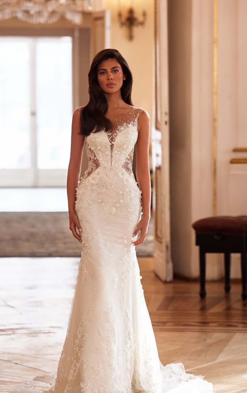 Elegant Mermaid Wedding Dresses Sequins Lace Bridal Gowns Sheer Neck 3D-Floral Appliques Sleeveless Bride Dresses Custom Made