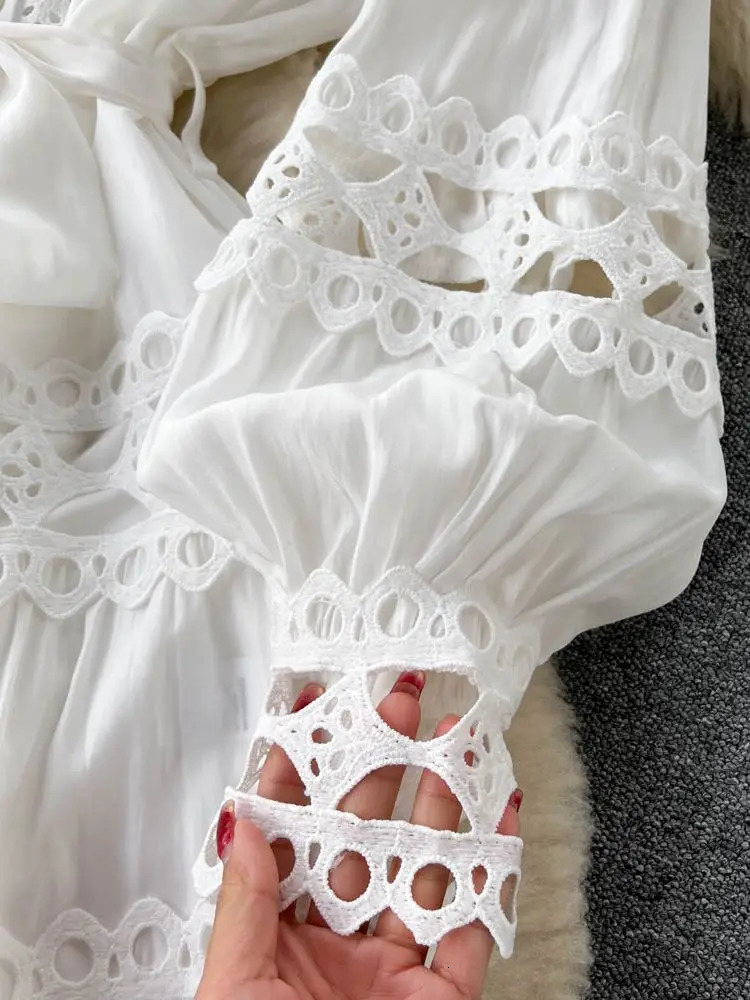 Spring Summer White Blue Black Mini Dress Women's Stand Long Lantern Sleeve Wer Emboridery Hollow Out Lace Up Loose Vestidos