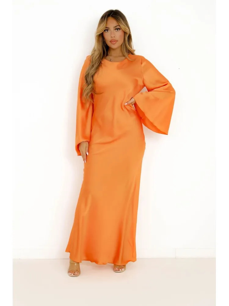 Women Elegant Solid Satin Maxi Dress Fashion Flare Sleeves High Waist Long Prom Robes Ladies Chic Street Vestidos 240115