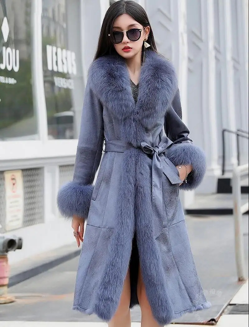 New Real Double Face Rabbit Fur Coat Women's Mid-Length Winter Close-Fitting Leather Fox Furs Collar Cuffs Fur Garments