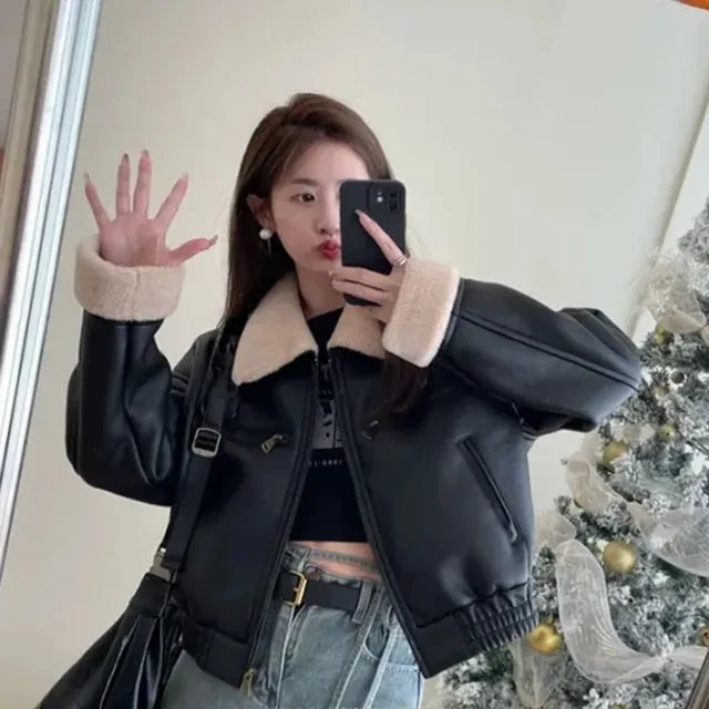 Fur PU Leather Jacket Women Flight Suit Vintage Streetwear Coat Harajuku Long Sleeve Riding Suit Zipper Short Outwear