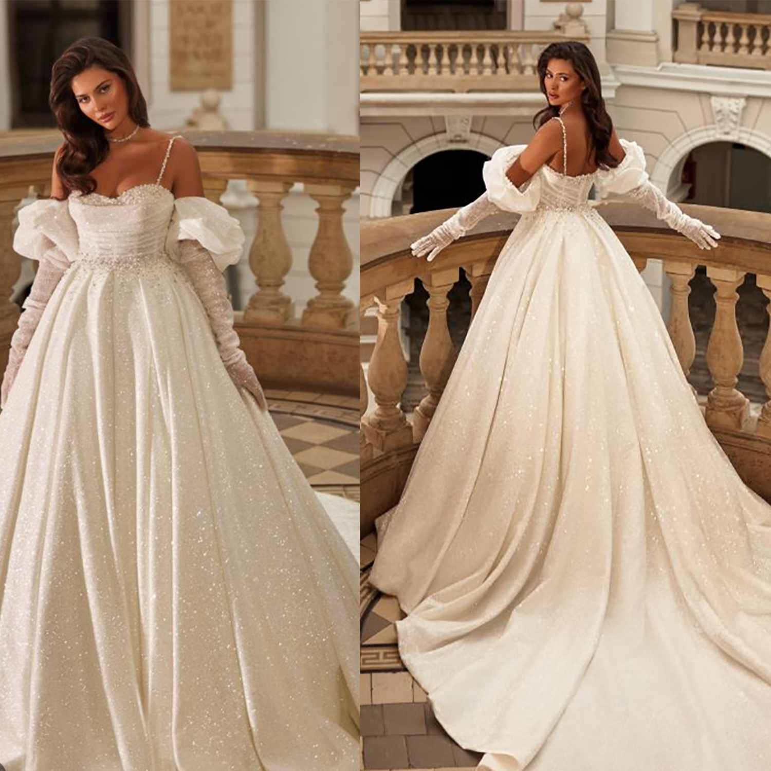 Glitter A Line Wedding Dresses Off Shoulder Long Sleeve Bridal Gowns Sweep Train Backless Bride Dress