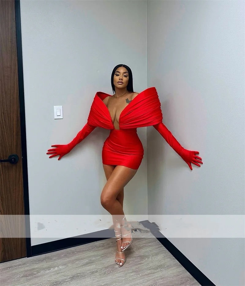 Exquisite Red New Arrival Short Prom Gown With Two Gloves Off Shoulder Birthday Party Tail Dresses Robe De Bal Custom Made