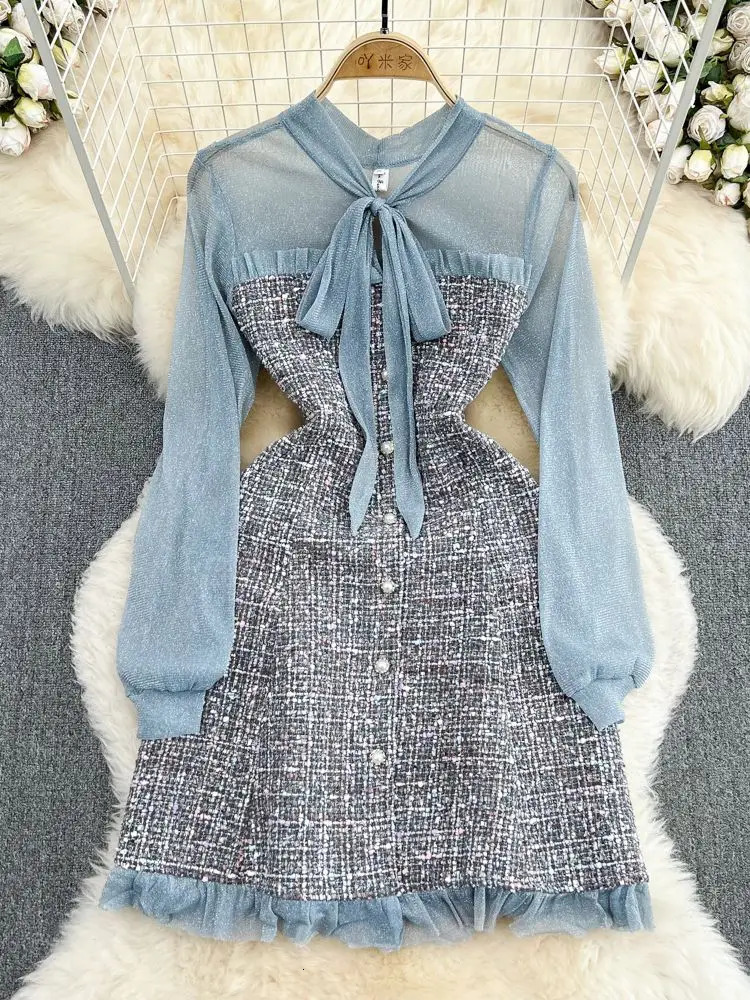 Elegant Lady Small Fragrance Temperament Ribbon Bow Collar Soft Ruffle Patchwork Tweed Plaid Woolen Buttons Autumn Mini Dress 240113