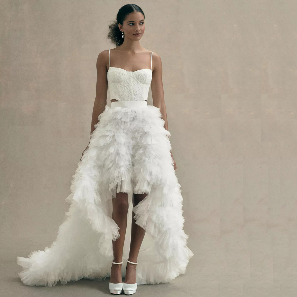 Modern 2 Pieces High Low A Line Wedding Dresses Spaghetti Strap Lace Bridal Gown Ruffles Tiere Tutu Wedding Gown