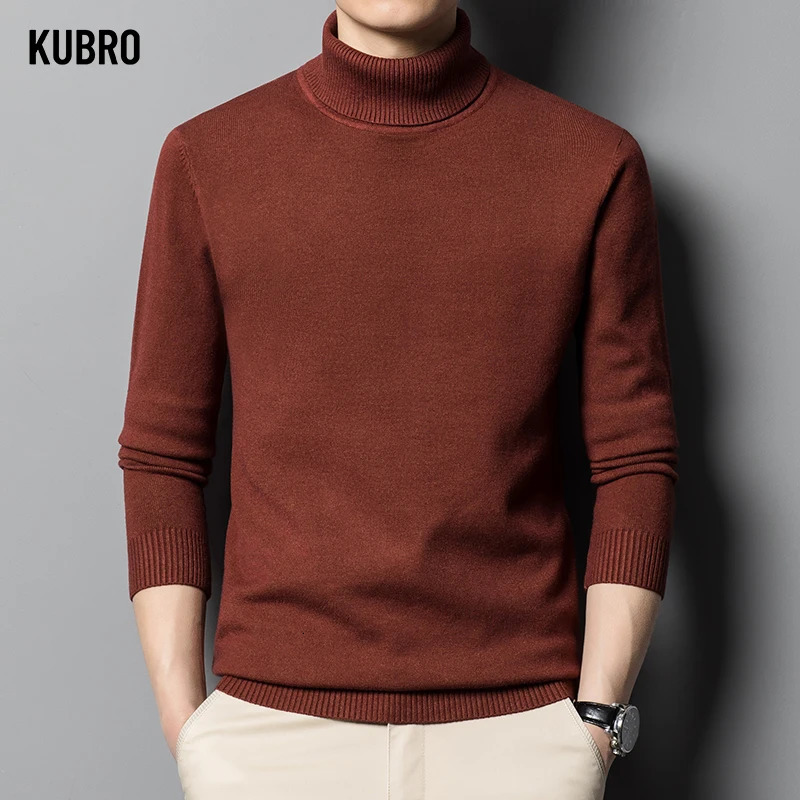 KUBRO Autumn Winter Mens High Quality Turtleneck Wool Sweater Solid Color Knit Tight Warm Casual Bottom Pullover Top 240113