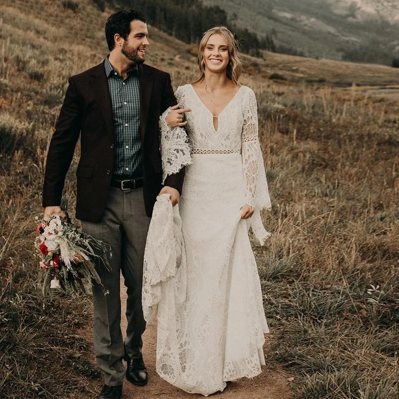 Bohemian Hippie Lace Wedding Dress Long Sleeves Sexy Backless V Neck Country Bridal Gowns Elegant Beach Bride Dresses es