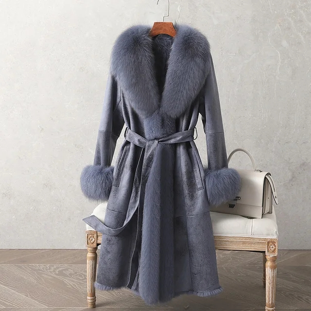 New Real Double Face Rabbit Fur Coat Women's Mid-Length Winter Close-Fitting Leather Fox Furs Collar Cuffs Fur Garments