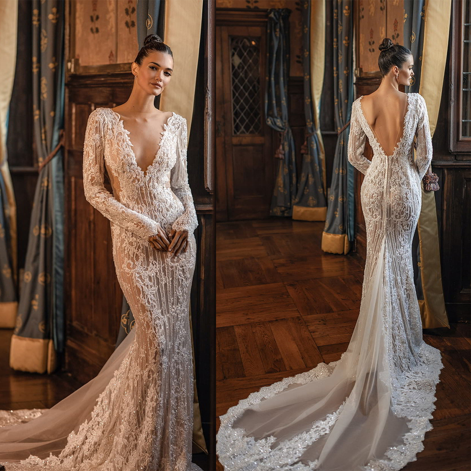 Graceful Mermaid Wedding Dresses Deep V Neck Bridal Gowns See Through Sequins Backless Long Sleeves Bride Dresses Custom Made
