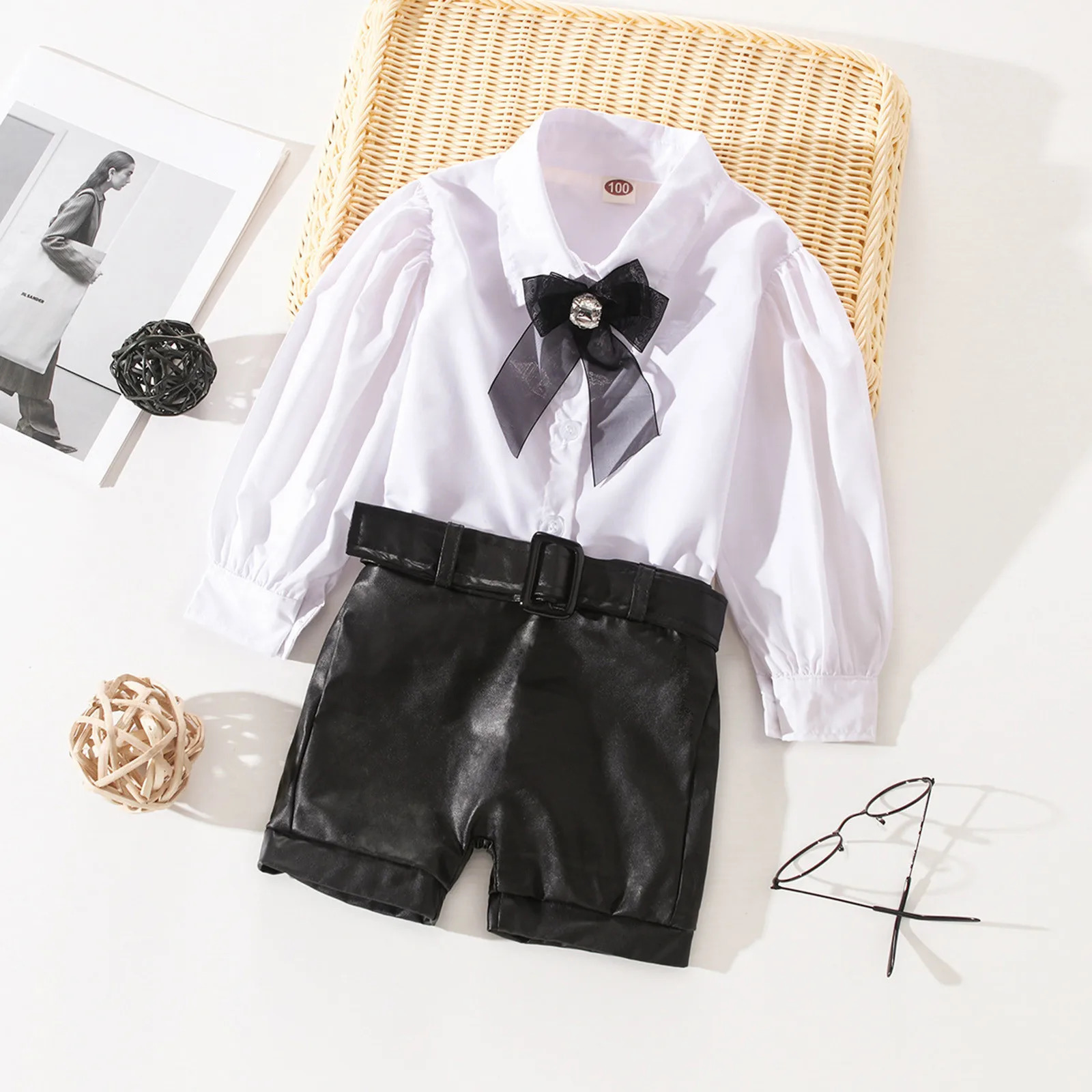 Baby Girls Fashion Outfits Toddler Kids Long Sleeve Bow Button Down T Shirt Tops PU Leather Shorts With Belt 2Pcs Set 1-5 Years 240115