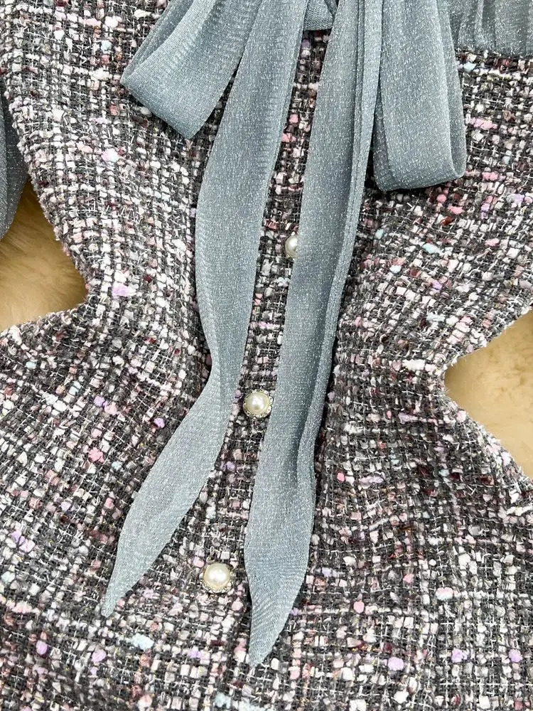 Elegant Lady Small Fragrance Temperament Ribbon Bow Collar Soft Ruffle Patchwork Tweed Plaid Woolen Buttons Autumn Mini Dress 240113