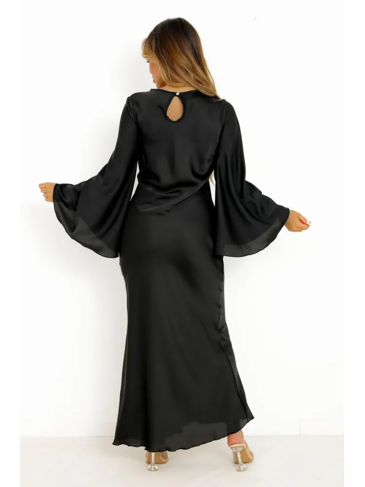 Women Elegant Solid Satin Maxi Dress Fashion Flare Sleeves High Waist Long Prom Robes Ladies Chic Street Vestidos 240115