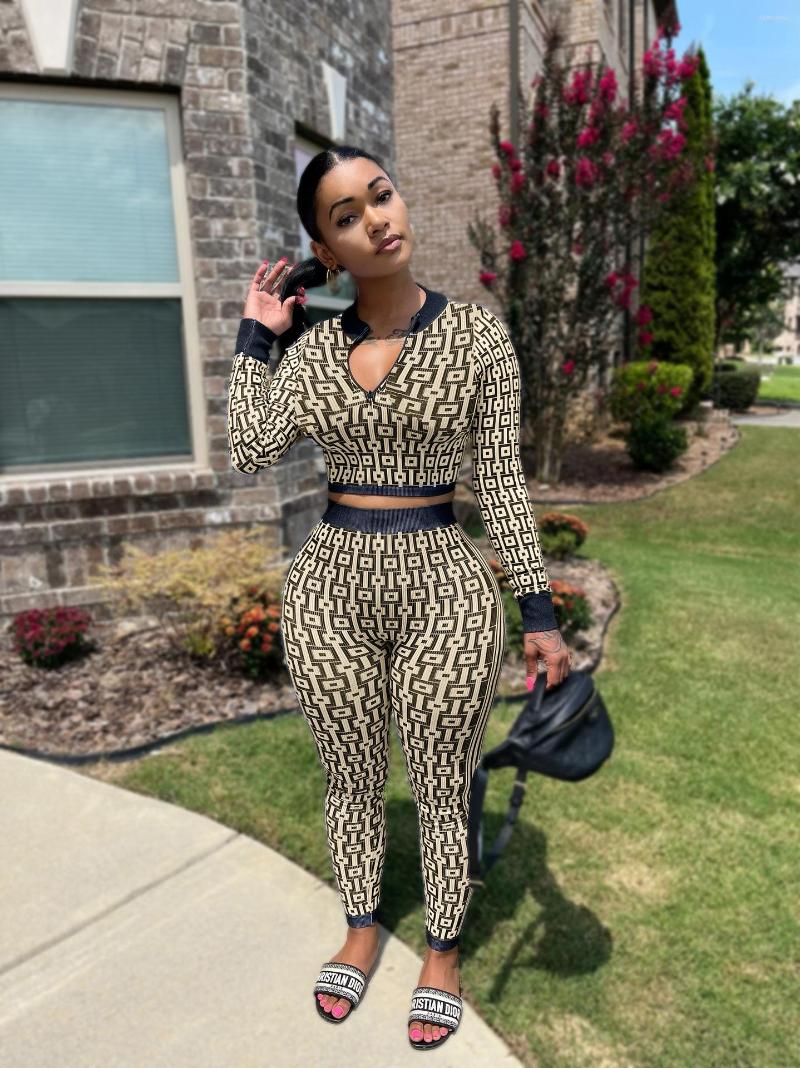 Women's Two Piece Pants Fashion Geometric Print Zipper Up Crop Top and Matching Legging Suits Set Womens Clothing 2 Active Wear