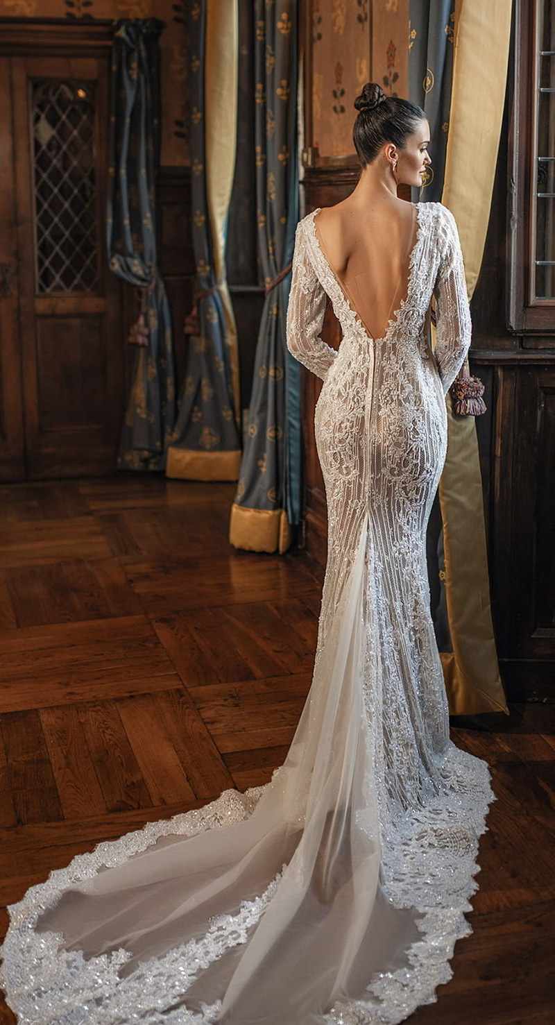 Graceful Mermaid Wedding Deep V Neck Bridal Gowns See Through Sequins Backless Long Sleeves Bride Dresses Custom Made