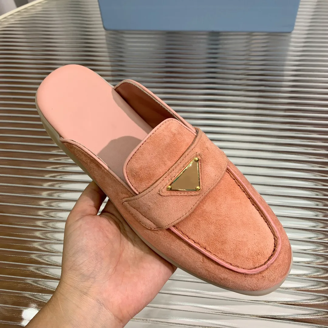 Classic triangle logo slippers sabots suede men's loafers slip-on round toe flats heels Patent leather Women's Fashion luxury slides de