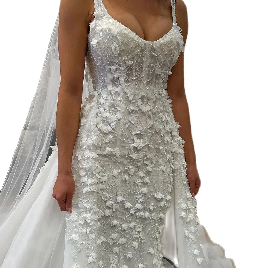 Luxurious Beading Mermaid Wedding Dress Exquisite Spaghetti Straps 3D Floral Applique Bridal Gown Custom Made