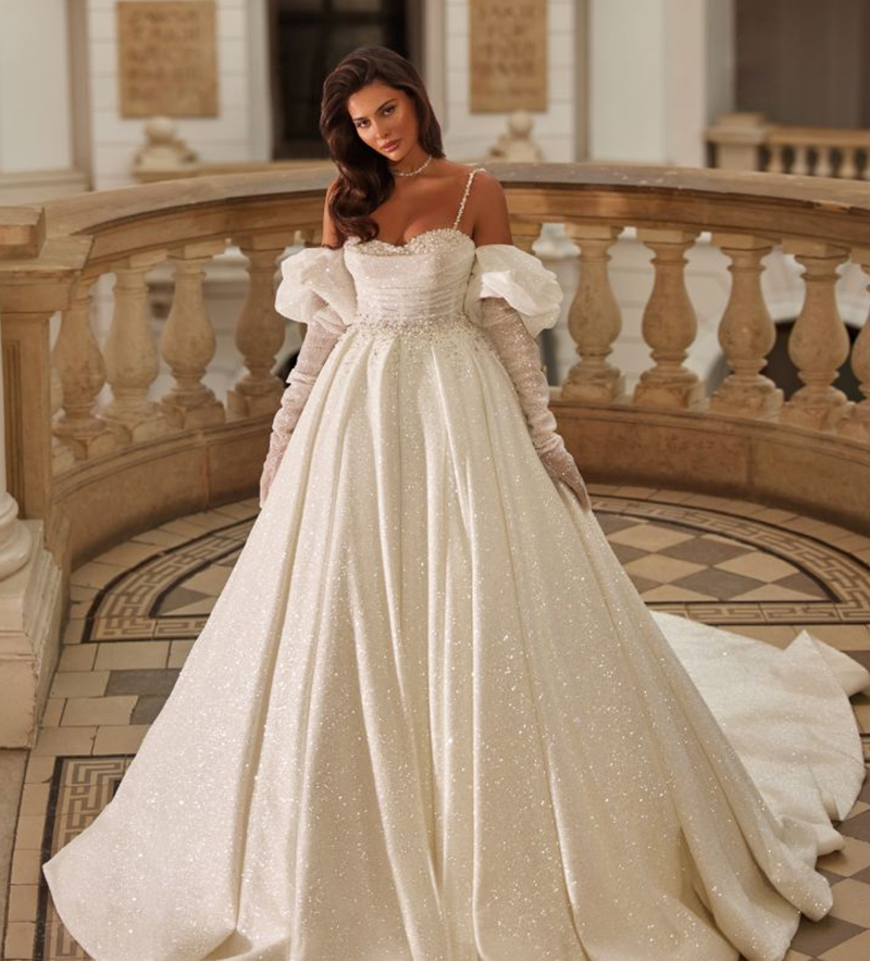Glitter A Line Wedding Dresses Off Shoulder Long Sleeve Bridal Gowns Sweep Train Backless Bride Dress