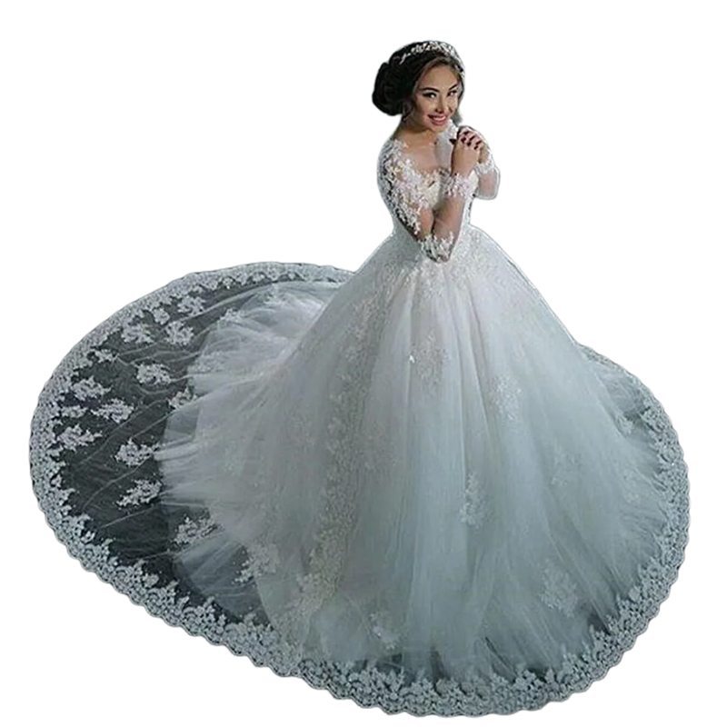 2024 Princess Long Sleeves Ball Gown Wedding Dresses Lace Appliques Beaded Arabic Dubai Ivory Tulle Bridal Gowns Back Buttons Chapel Train Robe De Mar