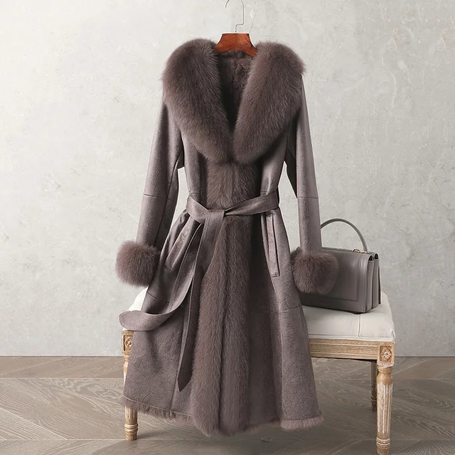 New Real Double Face Rabbit Fur Coat Women's Mid-Length Winter Close-Fitting Leather Fox Furs Collar Cuffs Fur Garments
