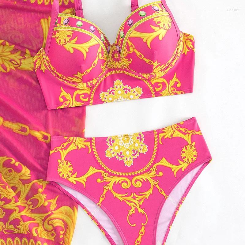 Womens Swimwear Elegant Retro Printed Bikini Three Piece Set High Waisted Sexy Swimsuit With Cover Up Skirt For Springs Beach Vacatio AAA