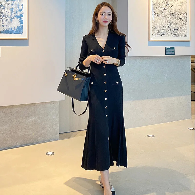 Vintage Korean Maxi Dresses for Women Party Long Sleeve Vneck Mermaid Dress Elegant Fashion Ladies Vestidos Femme Autumn 240115