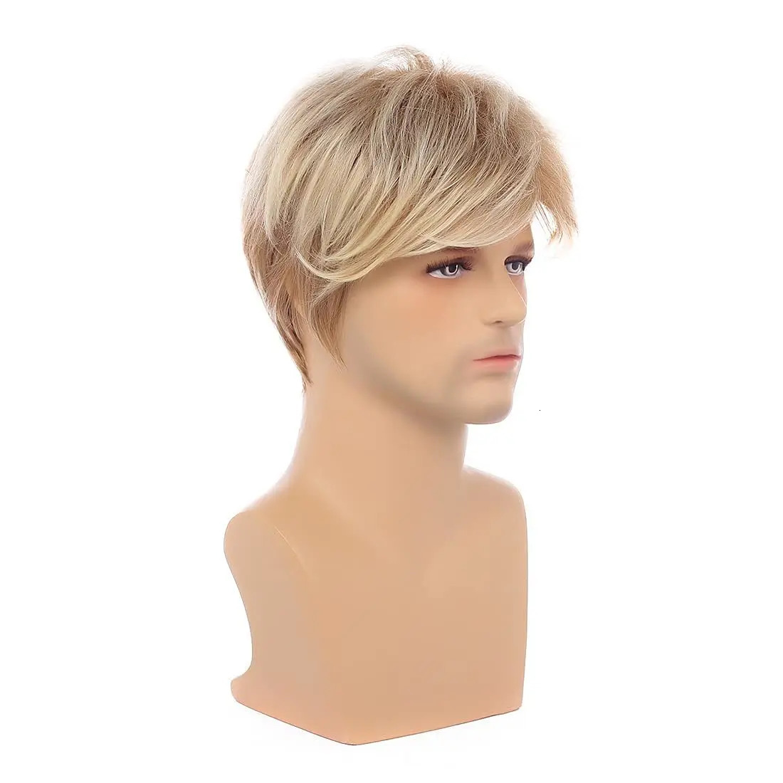 6-inch brown blonde men's wig short hair fringe synthetic fiber matte high temperature silk full head cover240115
