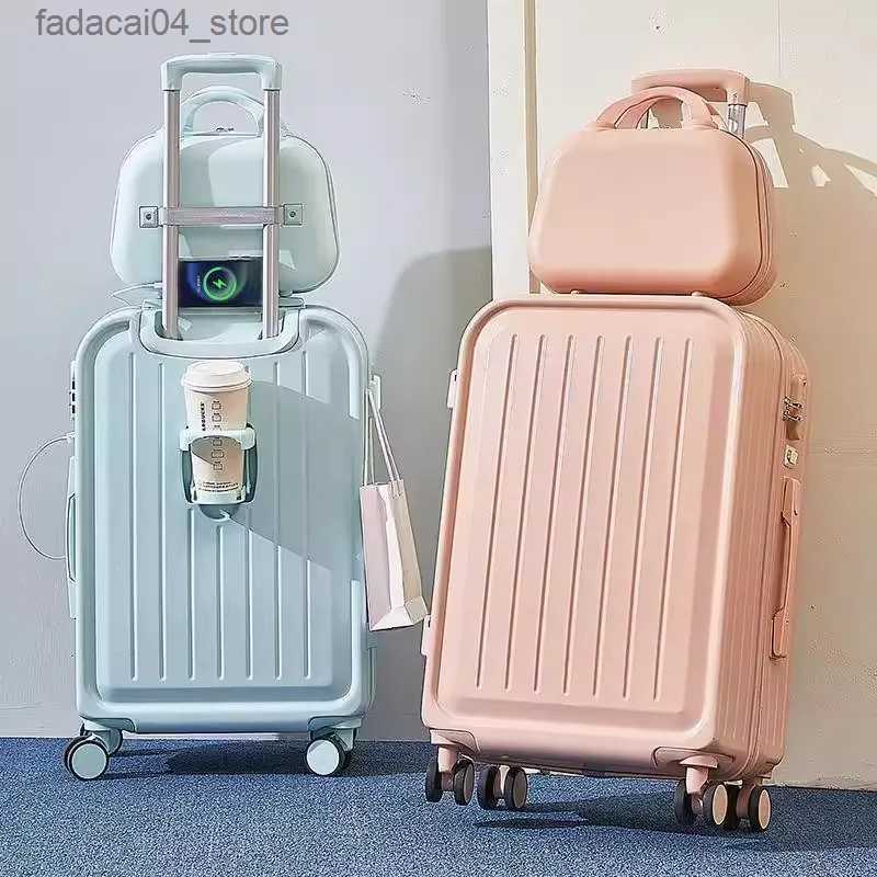 Suitcases 2023 New Combination Suitcase USB Charging Port with Cup Holder Large Capacity Trolley Case Travel Luggage Rugged Lockbox Q240115