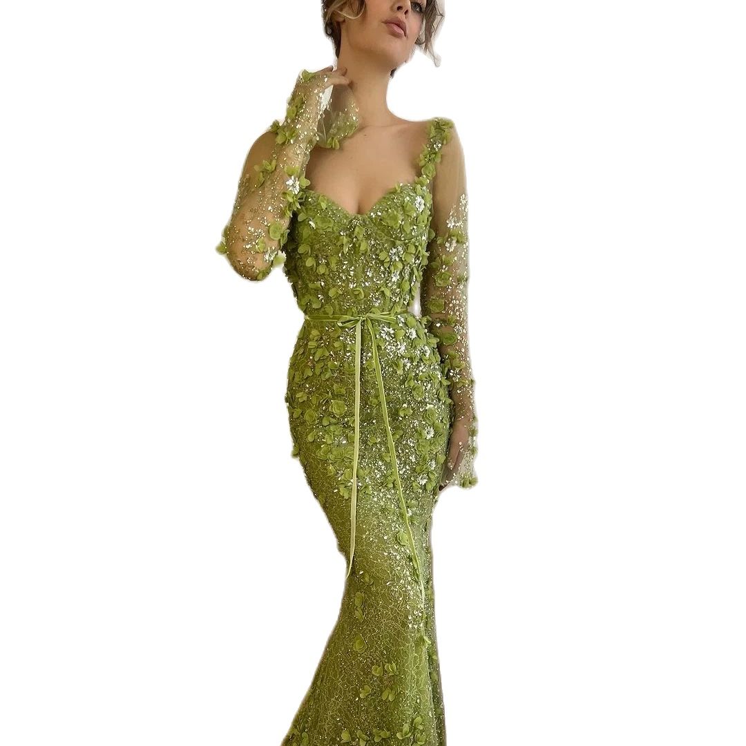 Green A Line Evening Dresses V Long Sleeves High Neck Prom Dress 3D Flowers Beads Special Ocn Gowns