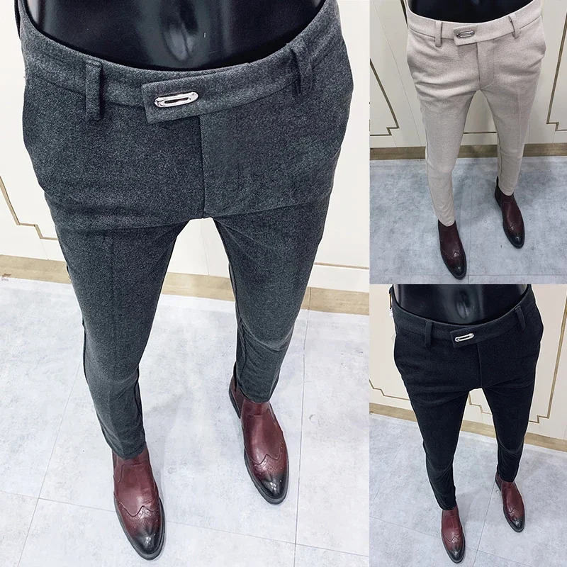 Winter Woolen Men Pants Thicken Keep Warm Pantalones Hombre Solid Casual Formal Trousers Dress Slim Suit Pants Men Clothing 240113