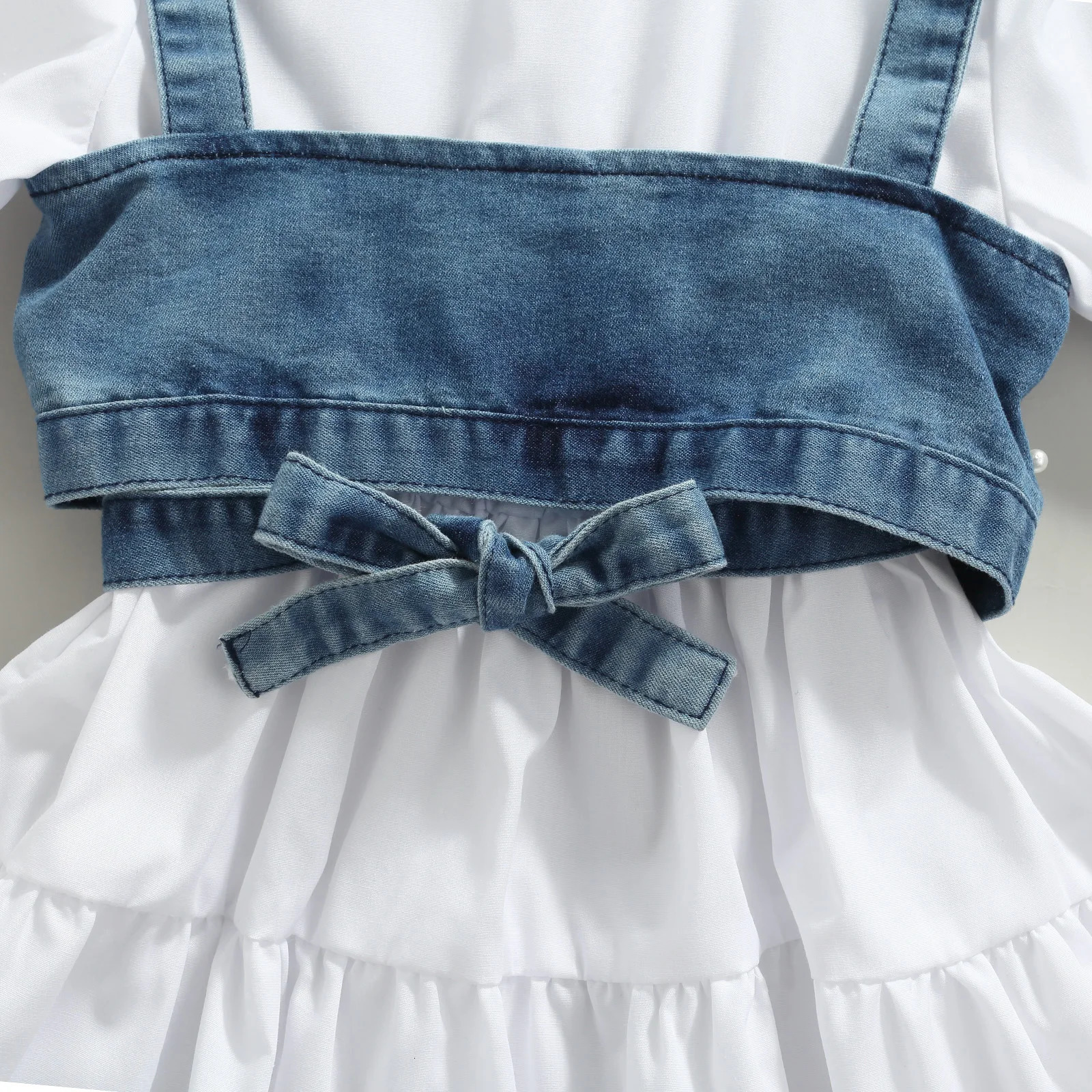 Fashion Children Baby Girl Clothes Solid Color Long Sleeve Shirt Dress Denim Beading Vest 2Pcs Outfits Clothes 240113