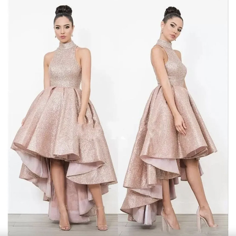 Rose Gold Homecoming Dresses Halter High Low Glitter Short Prom Tai Dress Custom Vestido De Novia Plus Size Graduation Party Gowns 6660306