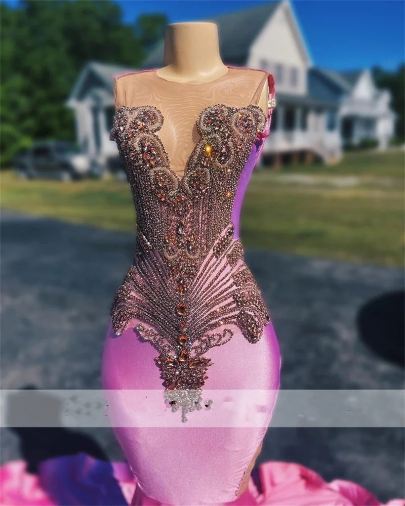 Prom Mermaid Glitter Pink Dress 2024 for Black Girls Sparkly Crystal Rhies Beading Birthday Party Evening Gown Vestidos