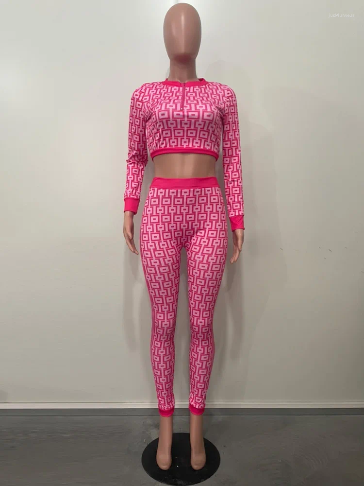 Women's Two Piece Pants Fashion Geometric Print Zipper Up Crop Top and Matching Legging Suits Set Womens Clothing 2 Active Wear