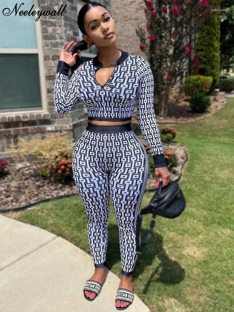 Women's Two Piece Pants Fashion Geometric Print Zipper Up Crop Top and Matching Legging Suits Set Womens Clothing 2 Active Wear