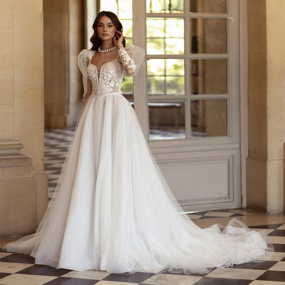 Sparkly A Line Wedding Dress Bridal Gown 2024 Scoop Neck Long Sleeve with Pearls Vestidos De Novia Sweep Train