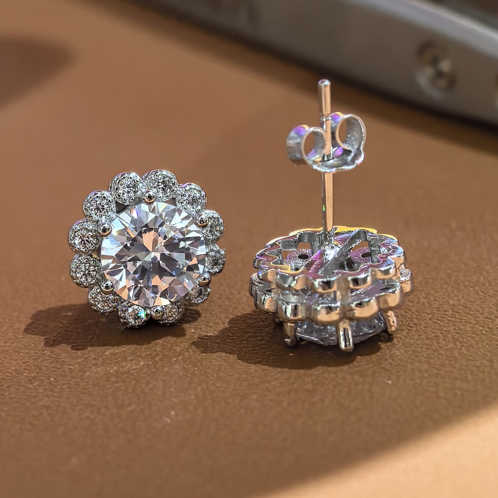 jewelry Stud Earrings Luxury Jewelry Real Sterling Silver CT Round Cut White Moissanite Diamond Gemstones Party Women Wedding Earring Gift
