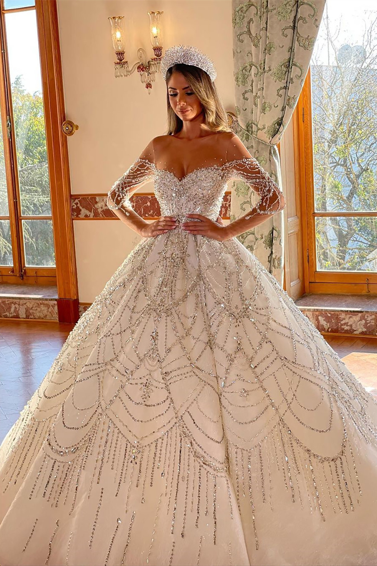 Gorgeous A Line Women Wedding Dress Sheer Neck Long Sleeves Bridal Gowns Crystal Beading Zipper Court Train Dress For Bride Custom Made