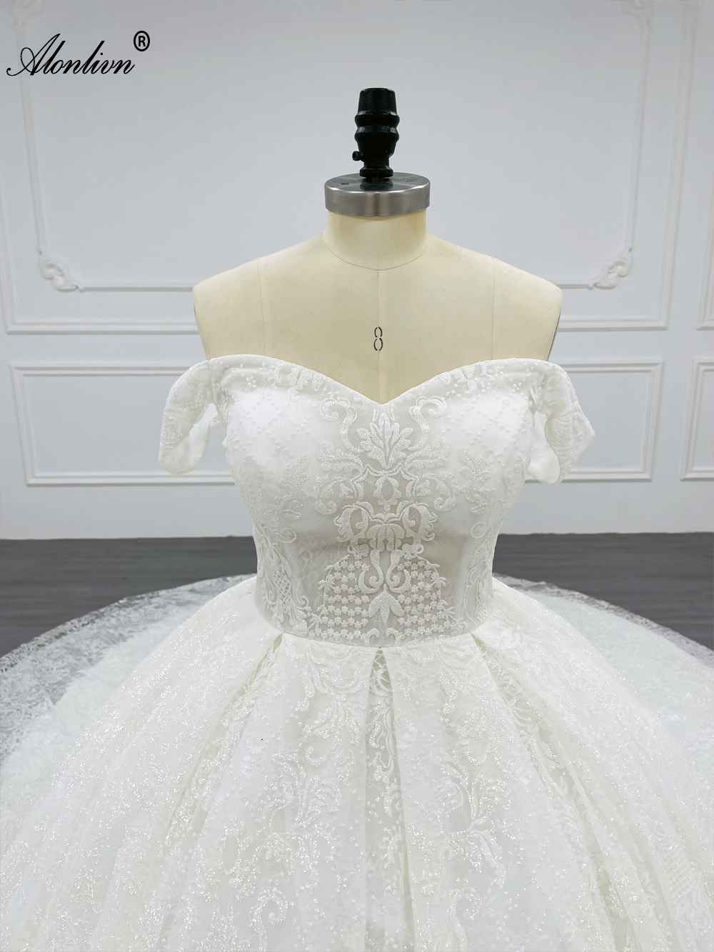 Alonlivn100% Real Photos Shiny Lace Ball Gown Wedding Dress With Chapel Train Luxury Embroidery Lace Sweetheart Bridal Gowns
