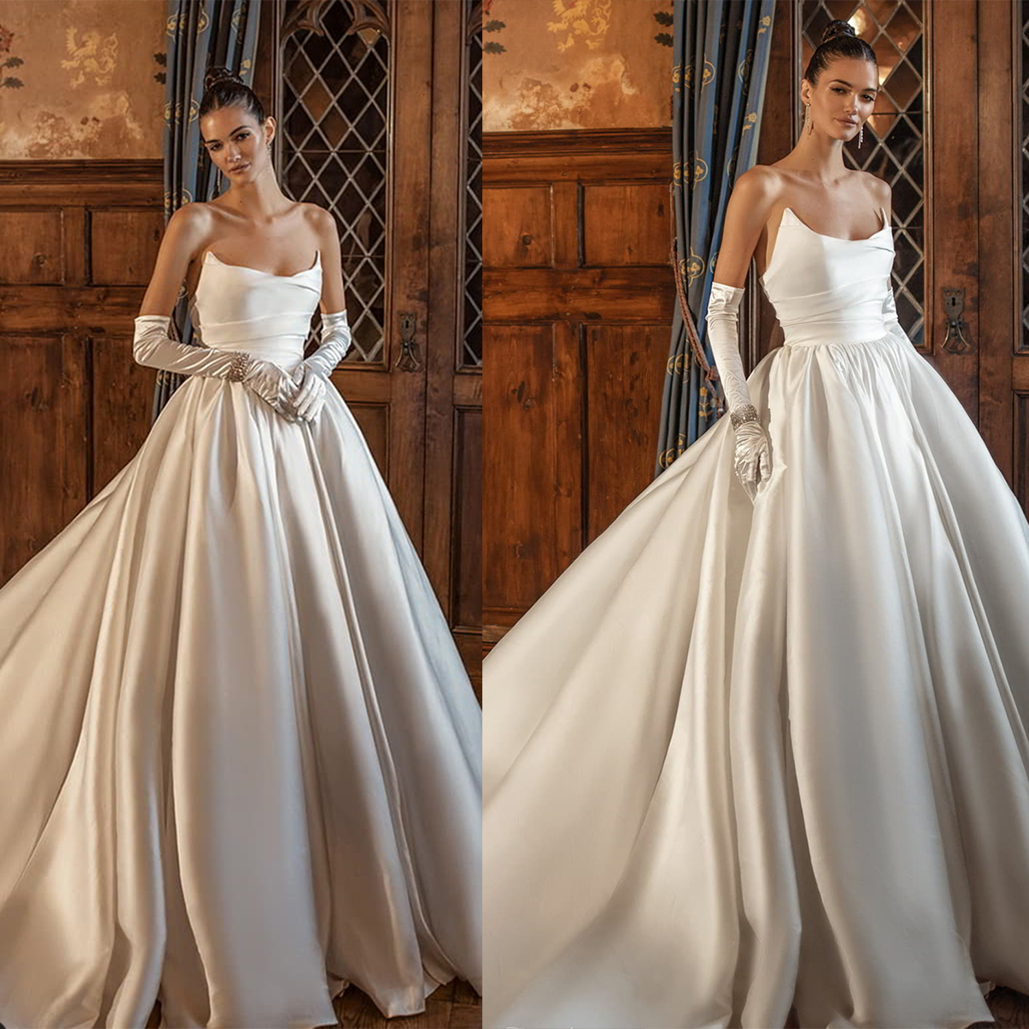 Elegant Princess Wedding Dresses Strapless Bridal Gowns Satin Backless Sleeveless A Line Bride Dresses Custom Made