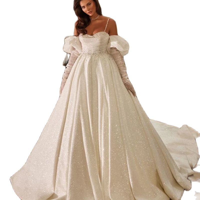 Glitter A Line Wedding Dresses Off Shoulder Long Sleeve Bridal Gowns Sweep Train Backless Bride Dress