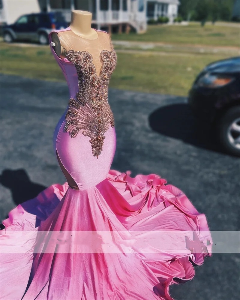 Prom Mermaid Glitter Pink Dress 2024 for Black Girls Sparkly Crystal Rhies Beading Birthday Party Evening Gown Vestidos