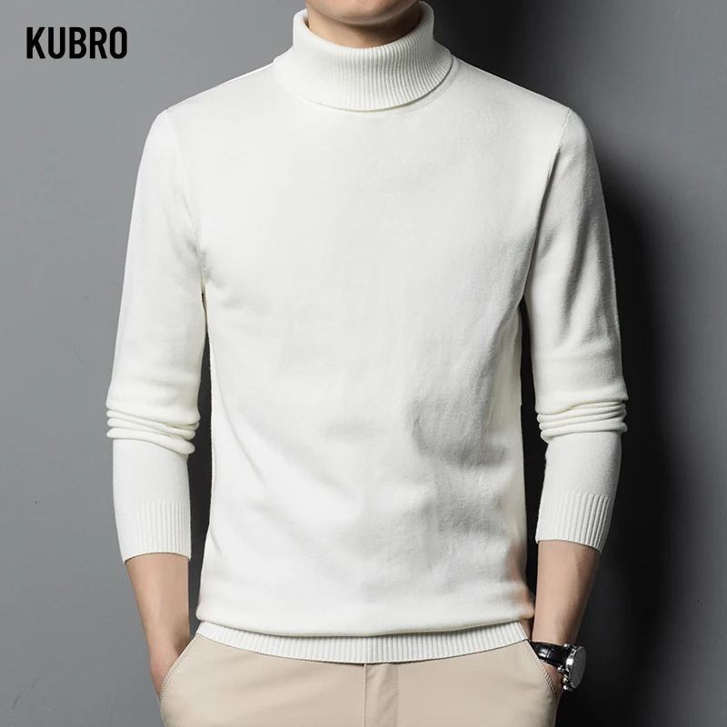 KUBRO Autumn Winter Mens High Quality Turtleneck Wool Sweater Solid Color Knit Tight Warm Casual Bottom Pullover Top 240113
