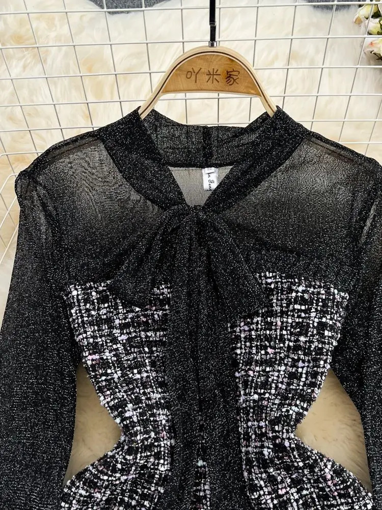 Elegant Lady Small Fragrance Temperament Ribbon Bow Collar Soft Ruffle Patchwork Tweed Plaid Woolen Buttons Autumn Mini Dress 240113