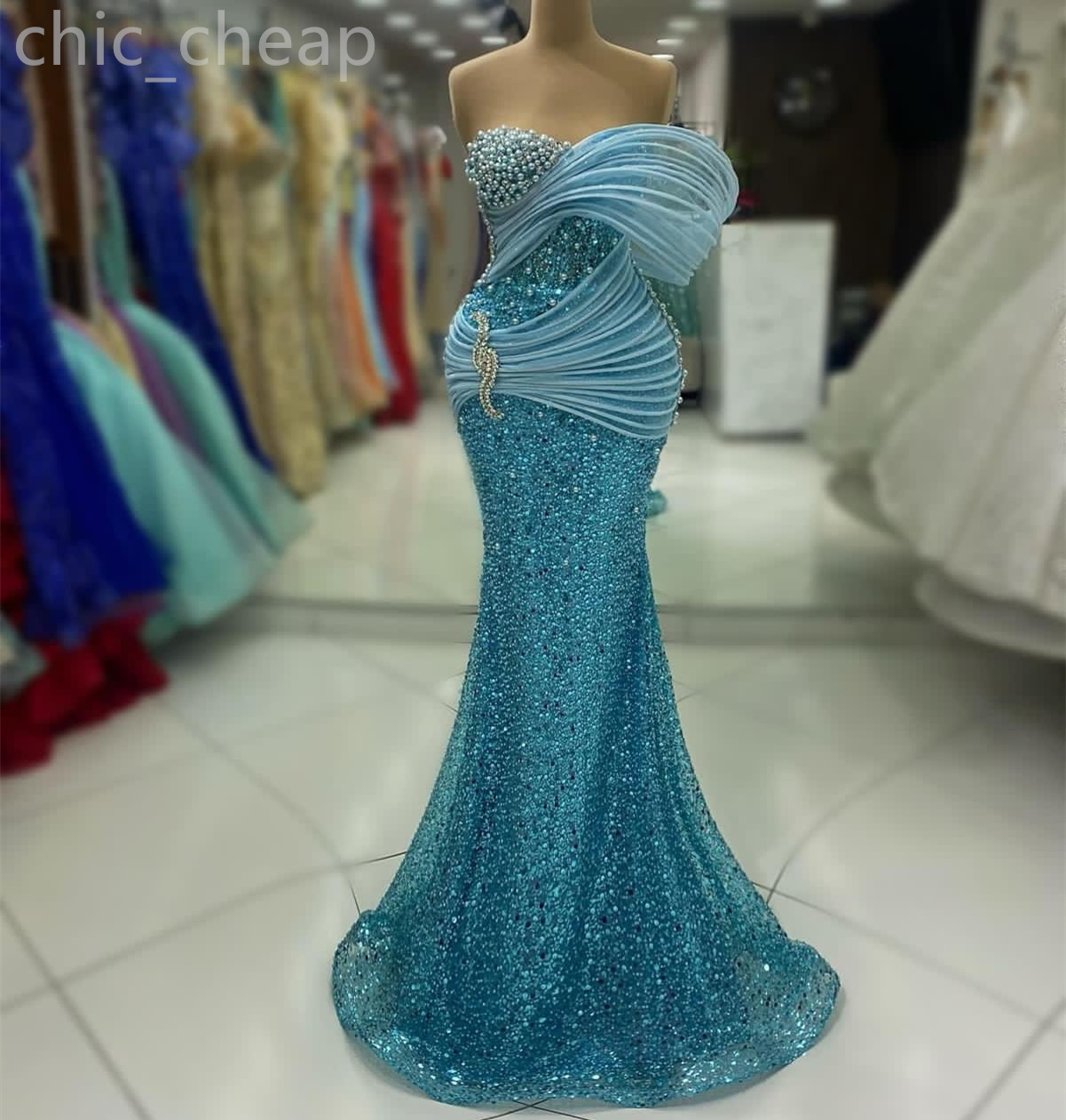 Aso Ebi Sky Blue Mermaid Prom Dress Pearls Crystals Sequined Evening Formal Party Second Reception Birthday Engagement Gowns Dresses Robe De Soiree Zj