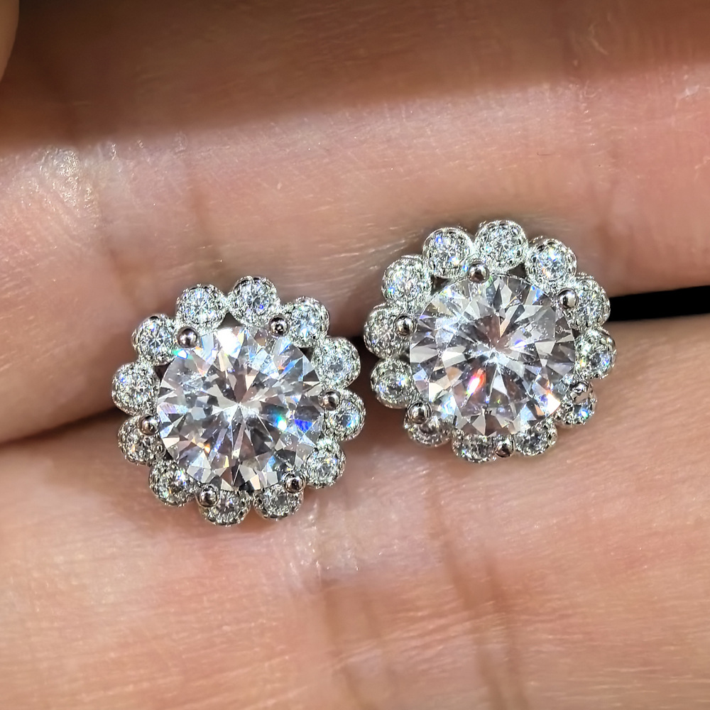 jewelry Stud Earrings Luxury Jewelry Real Sterling Silver CT Round Cut White Moissanite Diamond Gemstones Party Women Wedding Earring Gift