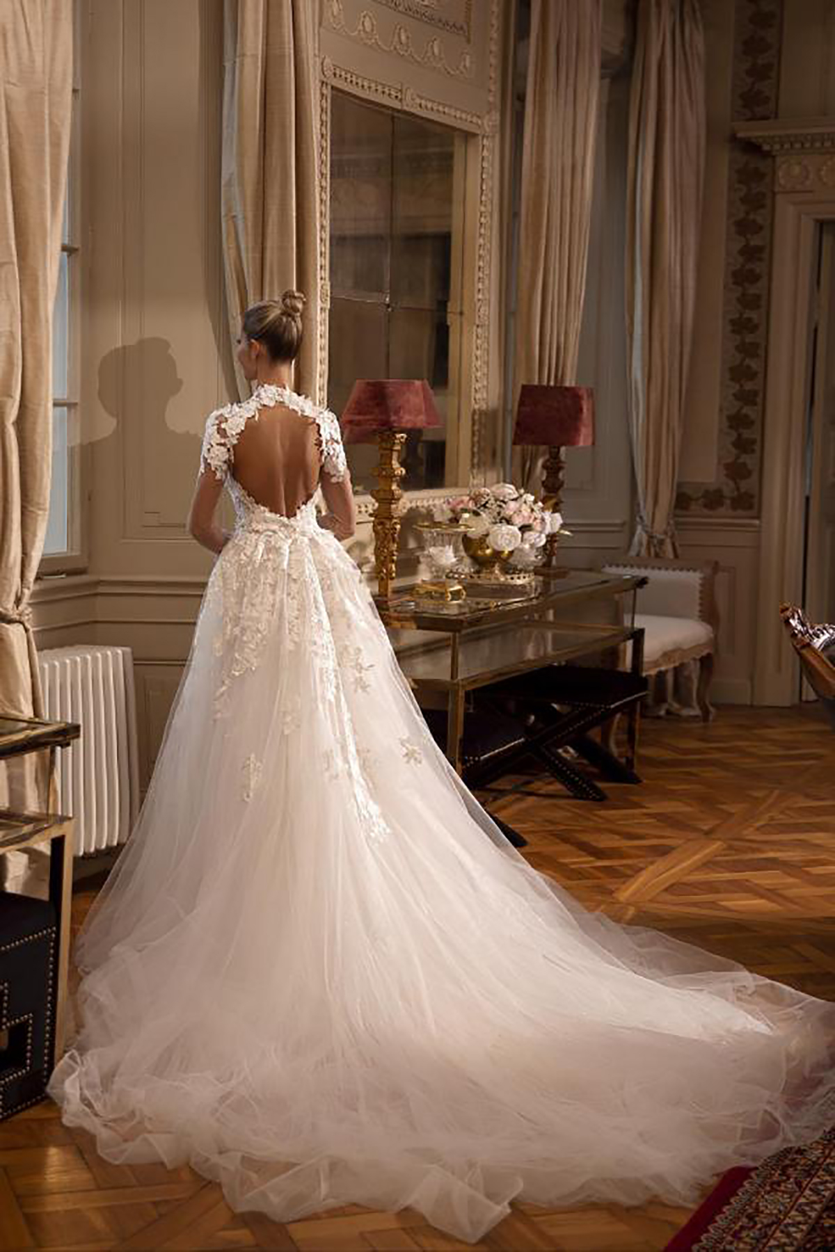 Romantic High Collar Mermaid Wedding Dresses 3D-Floral Appliques Bridal Gowns Detachable Train Backless Side Split Bride Dresses Custom Made