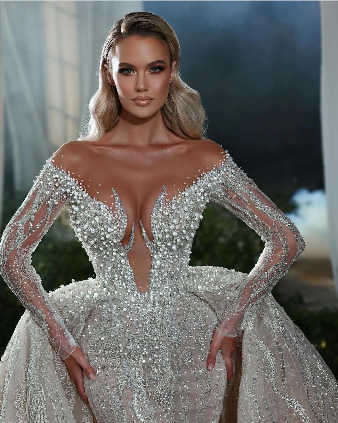 Luxury Pearls Mermaid Wedding Dresses Detachable Train Sequins Off Shoulder Bridal Gowns Long Sleeves Illusion Bride Dresses Custom Made