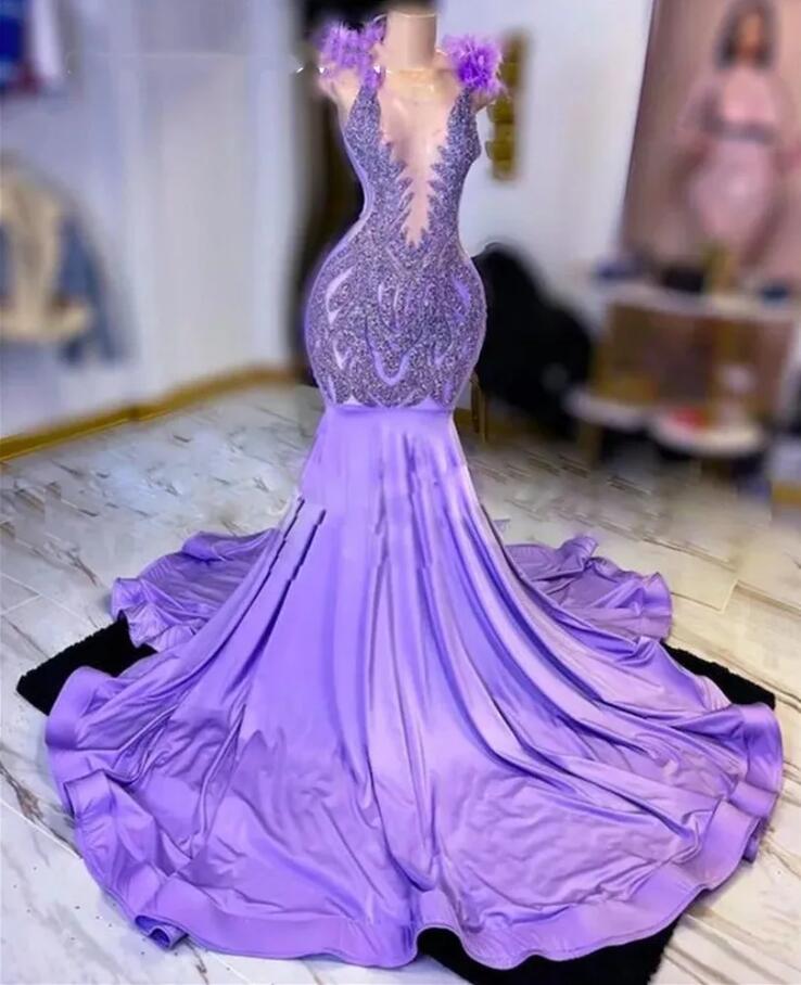 O Neck Evening Dresses For Black Girls Feathers Birthday Party Gowns Mermaid Beaded Crystal Long Prom Dresses Robe De Bal