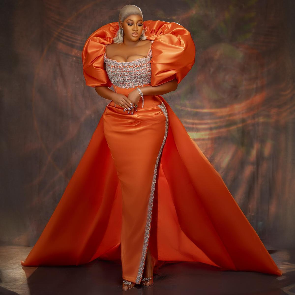 Orange Aso Ebi Prom Dresses for Black Women Mermaid Square Sexy High Split Formal Lace Beaded Evening Birthday Party Dress Second Reception Gowns ST79