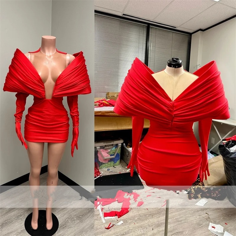 Exquisite Red New Arrival Short Prom Gown With Two Gloves Off Shoulder Birthday Party Tail Dresses Robe De Bal Custom Made